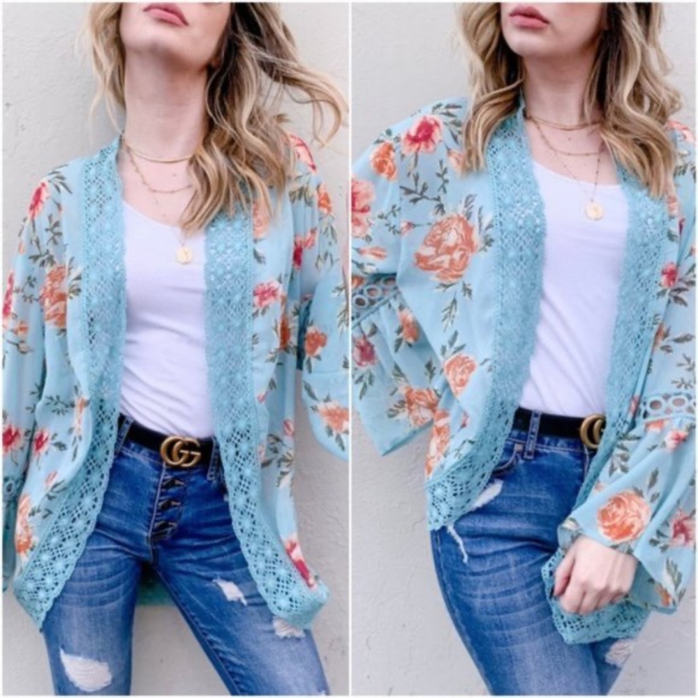023 Bohemian Dusty Blue Floral Print Open Front Lace Kimono Cardigan - Picture 1 of 3